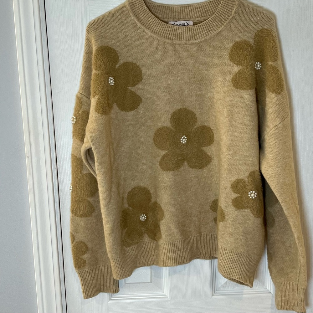 Nanette Lepore Tan Floral Crewneck Sweater with Jewel Centers